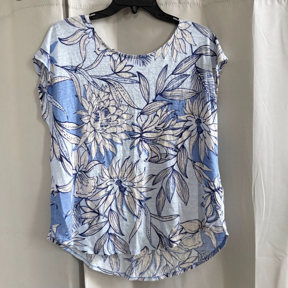 Halston Womens Linen‎ Top Large Floral Tropical Bloomcore Boho Coastal 18659